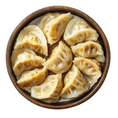 Top view of freshly steamed jiaozi dumplings arranged in a rustic bamboo steamer basket isolated transparent background