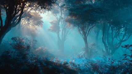 Obraz premium Misty forest with tall trees and sunlight beams streaming through dense foliage in cool blue tones, creating a tranquil and mystical atmosphere in 4K resolution