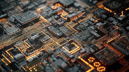 Close-up of detailed electronic circuit board with glowing orange pathways and interconnected microchip components in 4K resolution