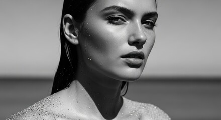 Portrait of a young caucasian female by the sea in black and white
