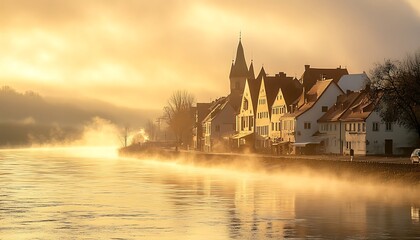 Naklejka premium Donauworth Riverside Buildings Reflective River in Early Morning Golden Mist Scenery