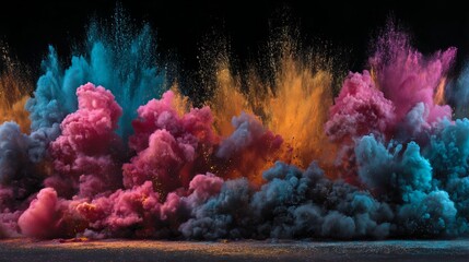 Vibrant colorful powder explosion with blue, pink, orange, and purple hues bursting dynamically against a black background in 4K resolution