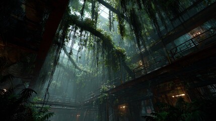 Abandoned industrial interior overtaken by lush green vines and sunlight filtering through broken ceiling in 4K resolution