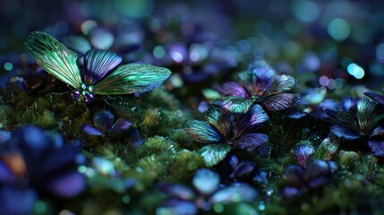 Close-up of iridescent metallic butterflies with vibrant blue, green, and purple wings resting on mossy vegetation in a soft-focused, magical 4K scene
