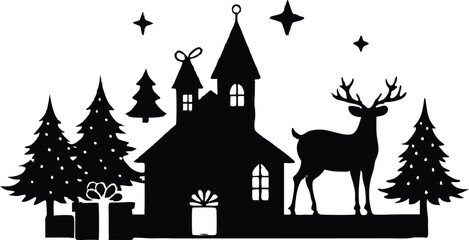 Christmas Castle Silhouette with Deer and Trees on Transparent Background