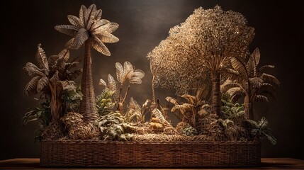 Intricately Crafted Miniature Forest Scene with Natural Twig and Leaf Trees on Woven Fiber Base in Warm Detailed Lighting 4K