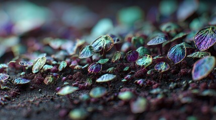 Close-up of small colorful translucent mushrooms with blue, purple, and green hues growing on a dark textured surface in 4K with shallow depth of field focusing on details