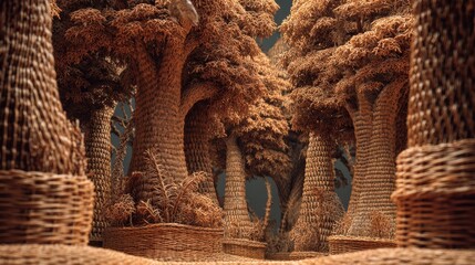 Intricately Woven Wicker Forest Scene with Trees and Undergrowth in Warm Brown Tones 4K