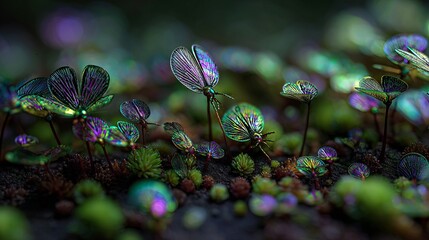 Close-up of iridescent wing-like structures on thin stems with shimmering purples, greens, and blues against a dark blurred background in 4K resolution