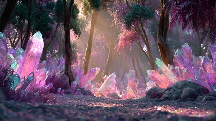 4K mystical forest scene with glowing pink, purple, and blue crystals under vibrant trees bathed in ethereal, colorful light and soft magical illumination