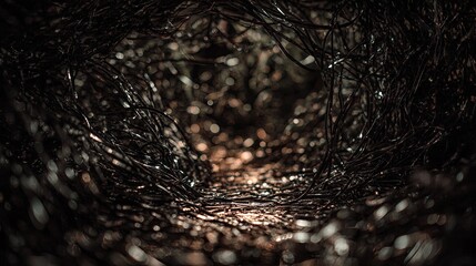 Close-up of a dark circular tunnel formed by intertwined shiny branches with bokeh light effects and a bright opening at the center in 4K resolution