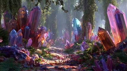 4K vibrant crystals glowing in a mystical forest with colorful light filtering through dense leafy canopy