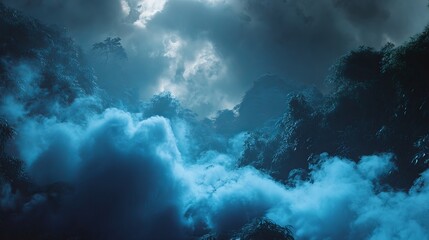 Dense misty forest with swirling fog and shadowy trees under a cloudy, moody blue-toned sky in 4K resolution