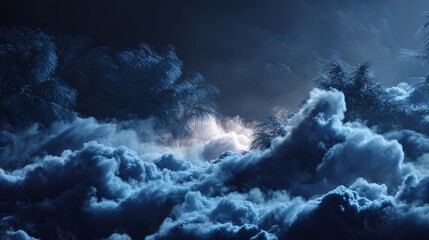 Surreal nighttime landscape with glowing clouds and silhouetted palm trees under deep blue moody sky in 4K resolution