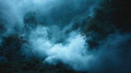 Dense fog enveloping a dark forest with cool blue and green tones creating a mysterious and surreal atmosphere in 4K resolution