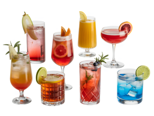 Assorted Eight Cocktail Glasses with Fruit Garnishes in Diagonal Grid, Perspective View, Isolated on Transparent Background