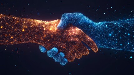Fototapeta premium Digital Handshake; Orange & Blue Glowing Plexus Hands over Transparent Background