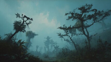 Misty dense forest with tall twisted trees and lush vegetation shrouded in pale blue-green atmospheric fog creating a calm yet eerie natural scene in 4K resolution