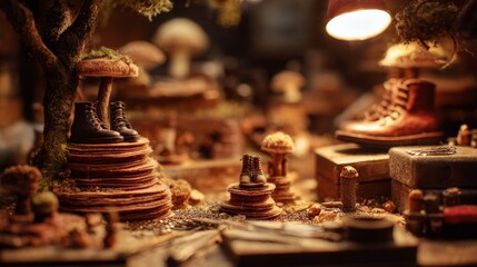 Creative arrangement of boots on mushroom-shaped platforms in a warm, blurred forest setting with earthy tones, showcasing a whimsical fusion of nature and fashion in 4K.