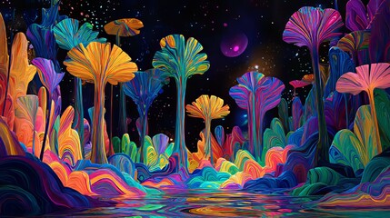 Surreal vibrant landscape with towering colorful mushroom-like structures under a starry sky reflecting in calm water, creating a psychedelic fantasy world in 4K resolution