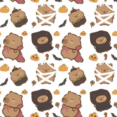 Obraz premium Cute Halloween Capybaras Seamless Pattern