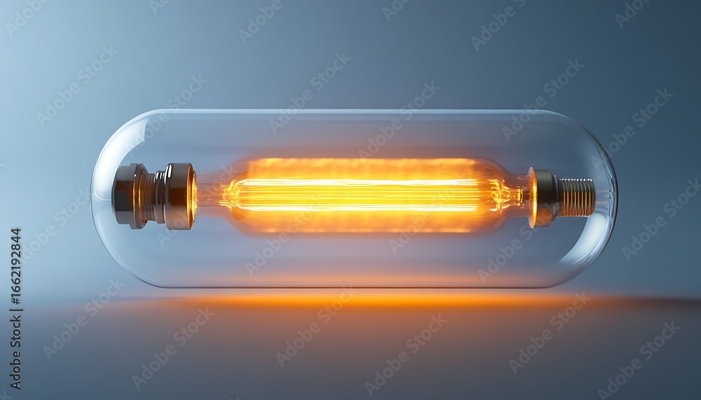 Poster glowing filament inside clear rounded bulb with metallic fixtures and soft lighting
