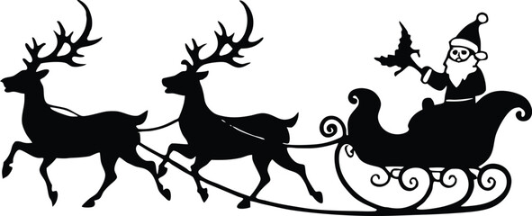 Santa Claus in Sleigh with Reindeer Silhouette Illustration on Transparent Background