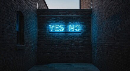 Blue "YES NO" neon sign on a brick wall in a narrow alley at twilight