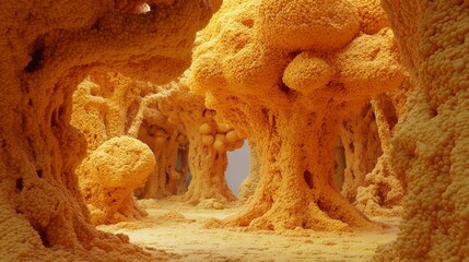 Surreal 4K Digital Abstract of Orange Foam-Like Forest with Textured Stalagmite and Stalactite Formations