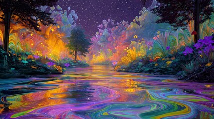 Surreal 4K Landscape with Vibrant Neon Plants and Swirling Colorful Water Under a Starry Night Sky