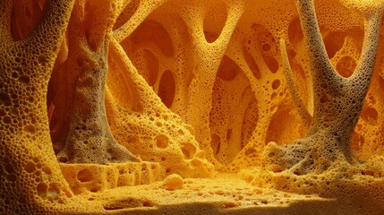 Surreal 4K porous sponge forest with warm yellow and orange tones resembling cavernous tree trunks and branches in a fantastical environment