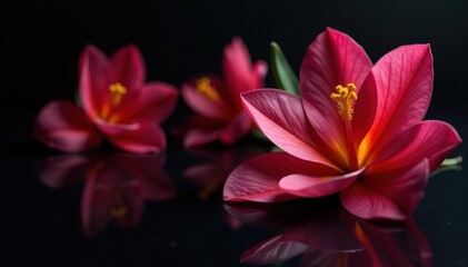 Naklejka premium Single freesia, vibrant hues, black reflective surface, flower, image