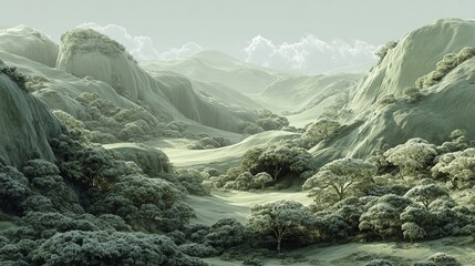 Tranquil 4K digital landscape of lush green hills and trees under a partly cloudy sky with soft, muted tones and serene natural scenery