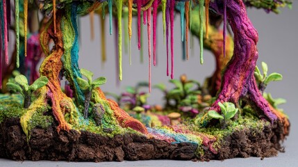 Vibrant miniature fantasy forest with colorful twisting trees, dripping paint stalactites, mossy ground, tiny mushrooms, and a rainbow-colored path in 4K detail