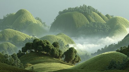 Mist-covered rolling green hills with scattered trees in soft diffused light, creating a tranquil and serene landscape in 4K resolution