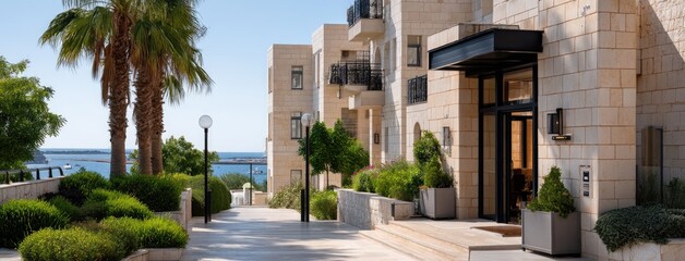 Naklejka premium Luxurious coastal resort features modern architecture surrounded by palm trees and lush greenery during a sunny day by the sea