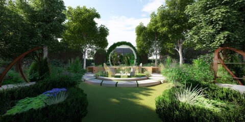 Fototapeta premium Serene garden landscape with lush greenery and circular arbor.