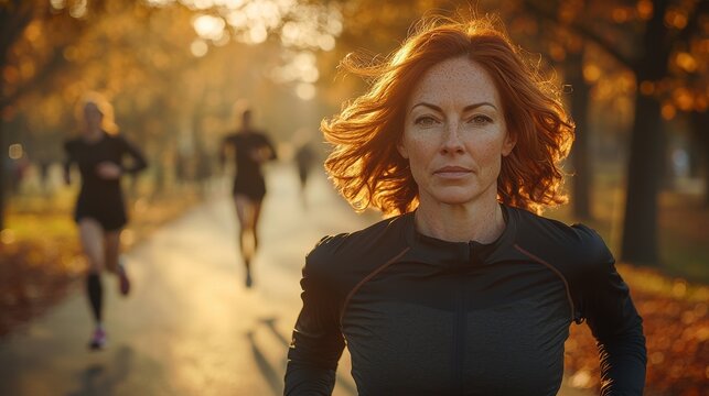 Evening jog scene with focused middle-aged female runner, curly auburn hair, sporty attire, urban park pathway, golden hour illumination, autumn atmosphere