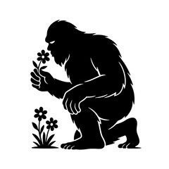 Obraz premium A whimsical silhouette of a bigfoot delights in the delicate aroma of a flower, showcasing a charming contrast between the mythical creature and the simple beauty of nature.