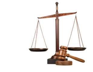 Classic Justice Scales and Wooden Gavel Side by Side on Polished Oak Table, Warm Light, Isolated PNG