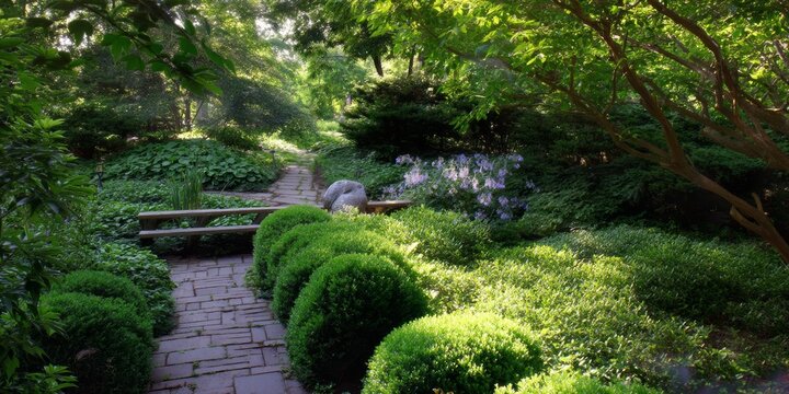 Serene garden pathway surrounded by lush greenery and foliage.