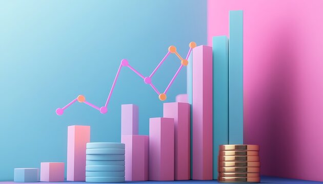 Financial Graph Rising with Colorful Columns & Coins in Cyan and Pink Backdrops