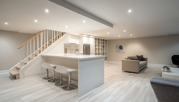 Finished Basement with Kitchen Island, Modern Stools, Stairs, Couch and Recessed Lights