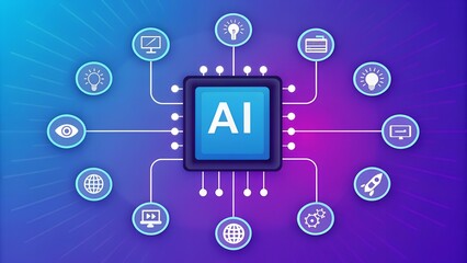Artificial intelligence concept with ai text and connected icons on a blue background design