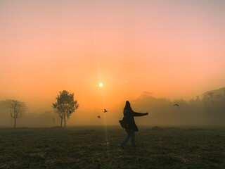Fototapeta premium silhouette of a girl in the sunset