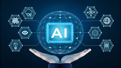 Ai concept with hands holding a glowing sphere and various connected hexagon icons around it