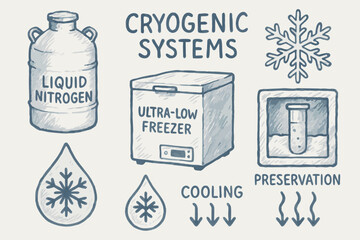 Cryogenic Systems: Liquid Nitrogen, Ultra-Low Freezer, Preservation, and Cooling with Snowflake and Test Tube illustration