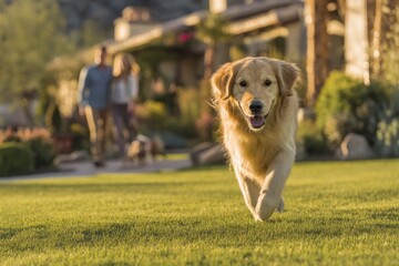 Outdoor fun: A family and their golden retriever share special moments.