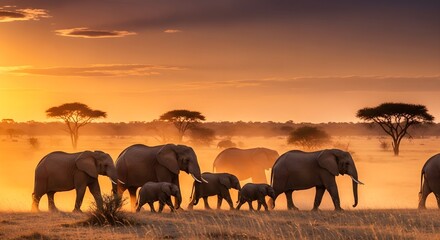 Obraz premium African Elephant Family at Sunset in the Savannah.