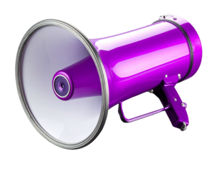 Angled View of Shiny Violet Megaphone with Metal Details and Neon Glow, Dark Mirror Floor, Isolated PNG